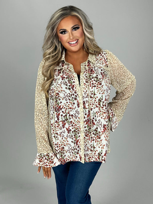 22 CP {Rules For Success} Umgee Ivory Brown Floral Top PLUS SIZE XL 1X 2X