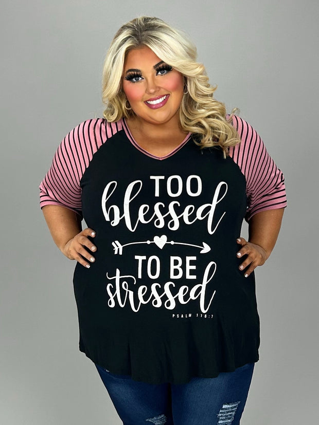 SALE!! 26 GT {Too Blessed} Black/Mauve Stripe Graphic Tee CURVY BRAND!!!  PLUS SIZE XL 2X 3X (May Size Down 1 Size)
