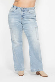 BT {Judy Blue} Light Blue Acid Washed High Waisted Denim Cargo Jeans