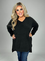 56 SLS-H {Cozy Nights} Black V-Neck Long Sleeve Top PLUS SIZE 1X 2X 3X