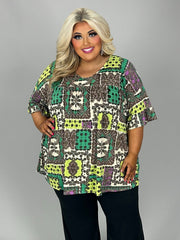 88 PSS {Leave It To Me} Green Patchwork Print V-Neck Top EXTENDED PLUS SIZE 4X 5X 6X