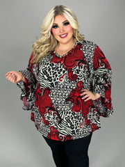 1-81 PQ {Chasing Perfection} Black/Red Mixed Print Ruffle  Sleeve Top EXTENDED PLUS 4X 5X 6X