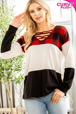 1-22 CP {Cozy Winters} Black/Red/Ivory Plaid Contrast Cage Neck Top PLUS SIZE 1X 2X 3X