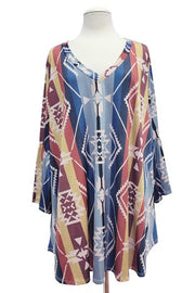 48 PSS {Little Dreamer} Blue/Rust Tribal Print V-Neck  Babydoll Top  EXTENDED PLUS SIZE 3X 4X 5X