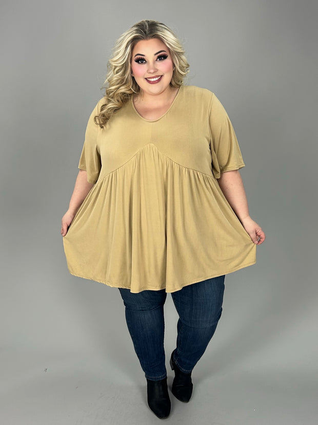 38SSS [Casual Comfort} Beige Inverted V-Neck  Babydoll Top EXTENDED PLUS SIZE  3X 4X 5X