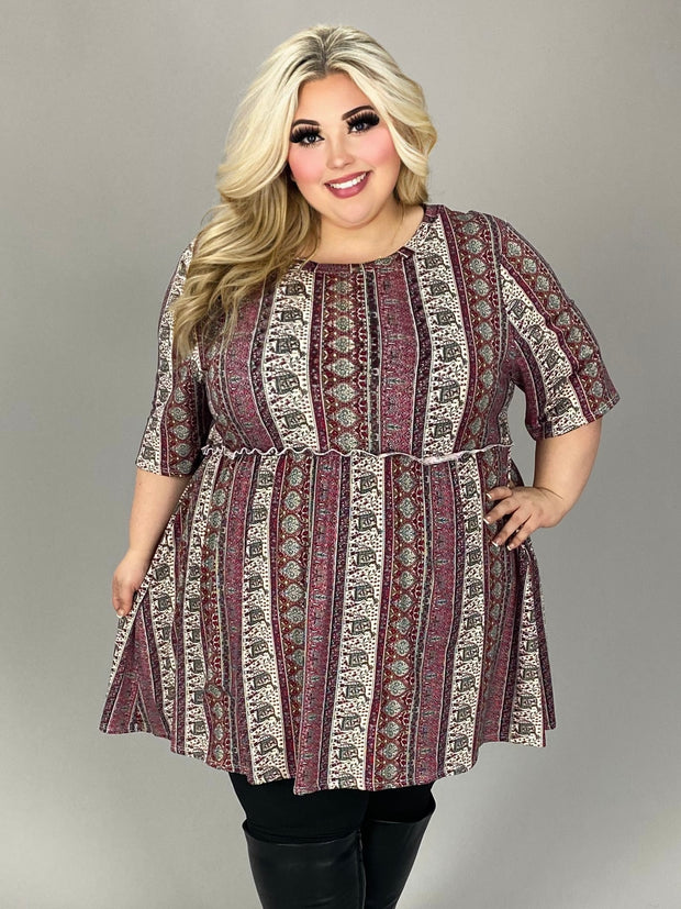 1-99 PSS {Change Of Pace} Burgundy/Taupe Printed Stripe Top EXTENDED PLUS SIZE 4X 5X 6X