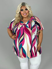 SALE!! 44 PSS {Everyday Smiles} Fuchsia/Teal Print V-Neck Top EXTENDED PLUS SIZE 4X 5X 6X