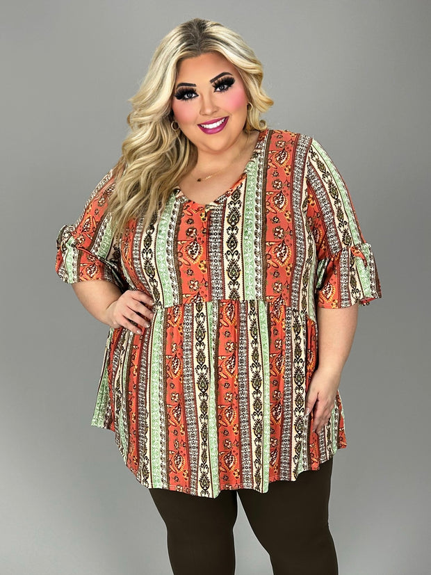 1-  34 PQ [Pumpkin Fair} Orange Green Paisley Babydoll Tunic EXTENDED PLUS SIZE 1X  2X 3X 4X 5X