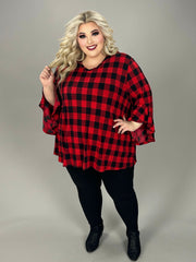 18 PQ {Ideal Confidence} Red/Black Plaid V-Neck Top  w/Ruffle Sleeves EXTENDED PLUS 4X 5X 6X