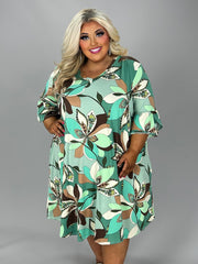 77 PQ {As It Happens} Sage Lg Floral Print V-Neck Dress EXTENDED PLUS SIZE 4X 5X 6X