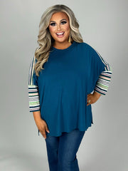 19 CP {Ready To Love} Dark Teal Top w/Striped Sleeves PLUS SIZE 1X 2X 3X