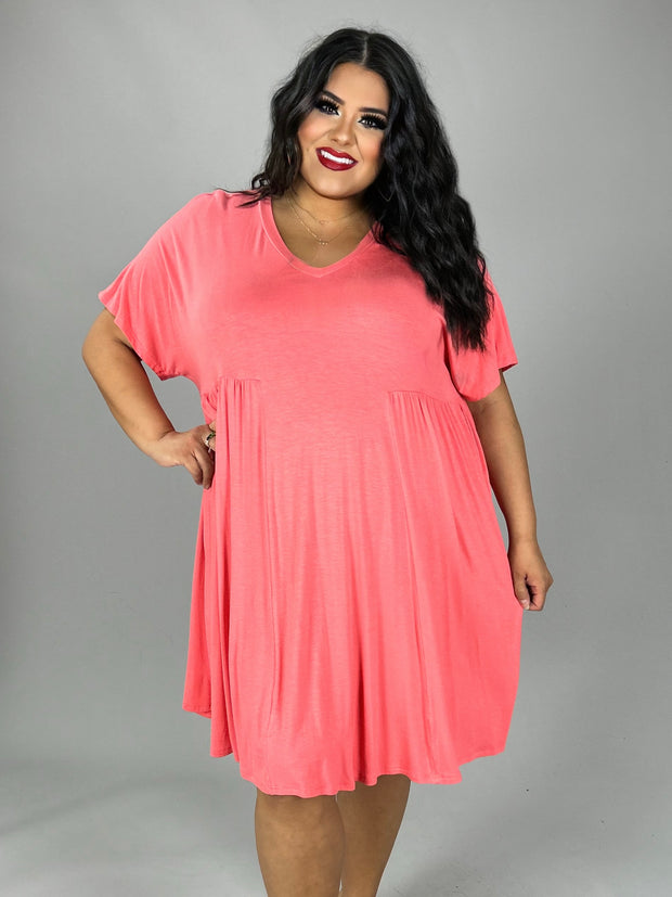 28 SSS-A or LD-A {Curvy Hourglass} Coral V-Neck Dress w/Pleated Detailing CURVY BRAND!!!  PLUS SIZE XL 2X 3X (May Size Down 1 Size)