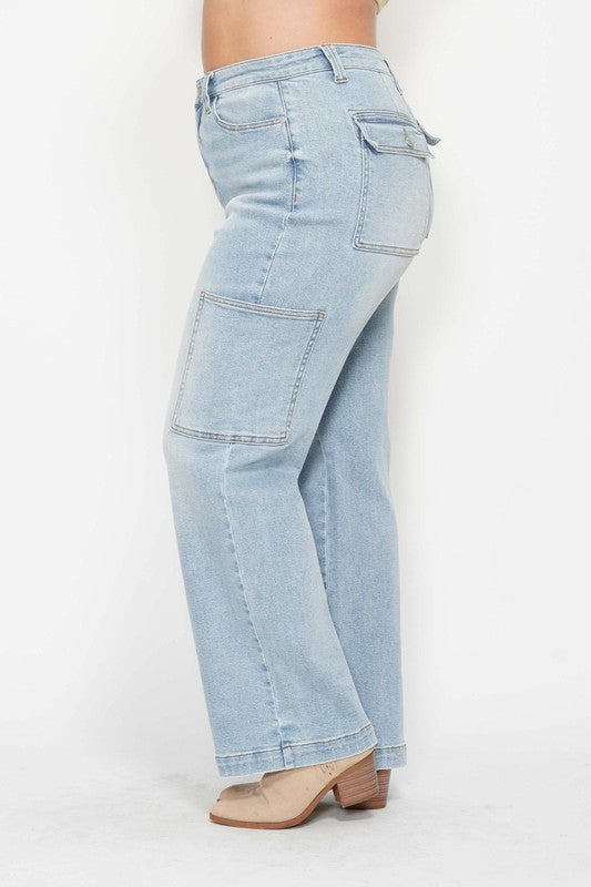 BT {Judy Blue} Light Blue Acid Washed High Waisted Denim Cargo Jeans