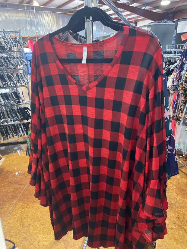 18 PQ {Ideal Confidence} Red/Black Plaid V-Neck Top w/ Ruffle Sleeves EXTENDED PLUS 4X 5X 6X