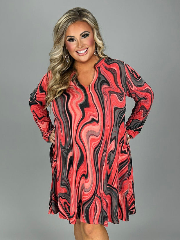 SALE!! 95 PLS-A {Keep The Swirls} Red Print Dress W/Pockets PLUS SIZE 1X 2X 3X