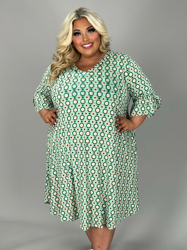 85 PSS {Going With The Flow} Green Circle Print V-Neck Dress EXTENDED PLUS SIZE PLUS SIZE 4X 5X 6X