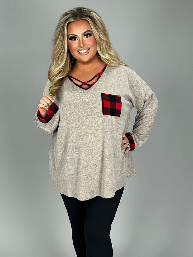 SALE! 15 CP-F {Cute And Cozy}  Grey Red Plaid Neck Detail Tunic PLUS SIZE XL 2X 3X 4X 5X 6X