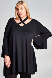 1-37 SQ {Dreaming Of Elegance} Black V-Neck Top w/ Tie Cross Neck Detail PLUS SIZE XL 2X 3X