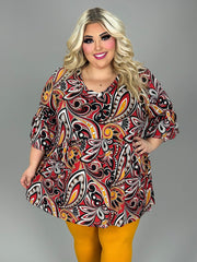 69 PSS {Profess Your Love} Red/Mustard Paisley Babydoll V-Neck Top EXTENDED PLUS SIZE XL 2X 3X 4X 5X