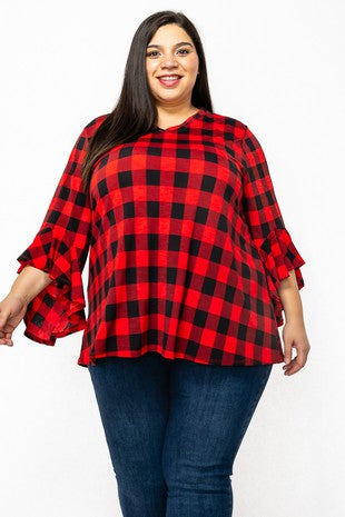 18 PQ {Ideal Confidence} Red/Black Plaid V-Neck Top w/ Ruffle Sleeves EXTENDED PLUS 4X 5X 6X