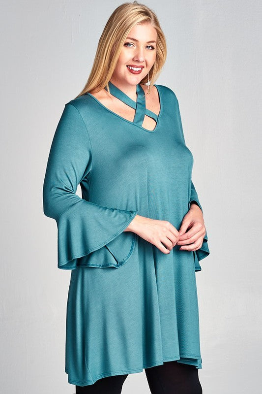 38 SQ {Dreaming Of Elegance} Blue V-Neck Top w/Tie Cross Neck Detail PLUS SIZE XL 2X 3X