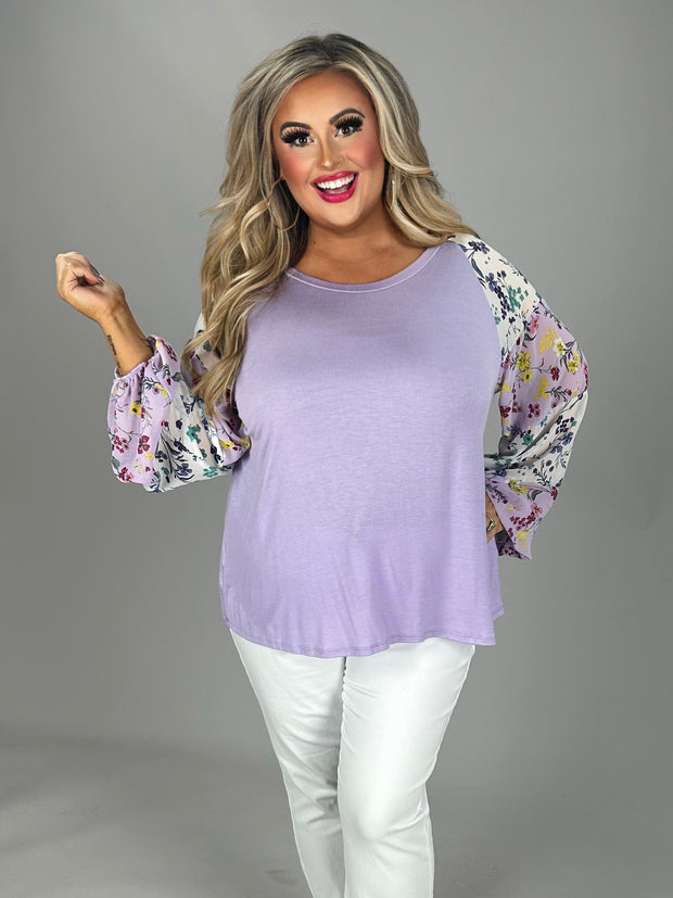 90 CP-C {Lilac Fields} Lilac Top W/Floral Sleeves PLUS SIZE 1X 2X 3X