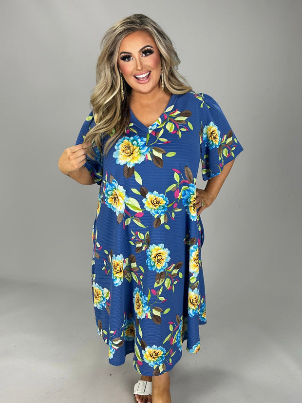 70 PSS-C {All Floral} Royal Blue Floral Print Dress PLUS SIZE 1X 2X 3X