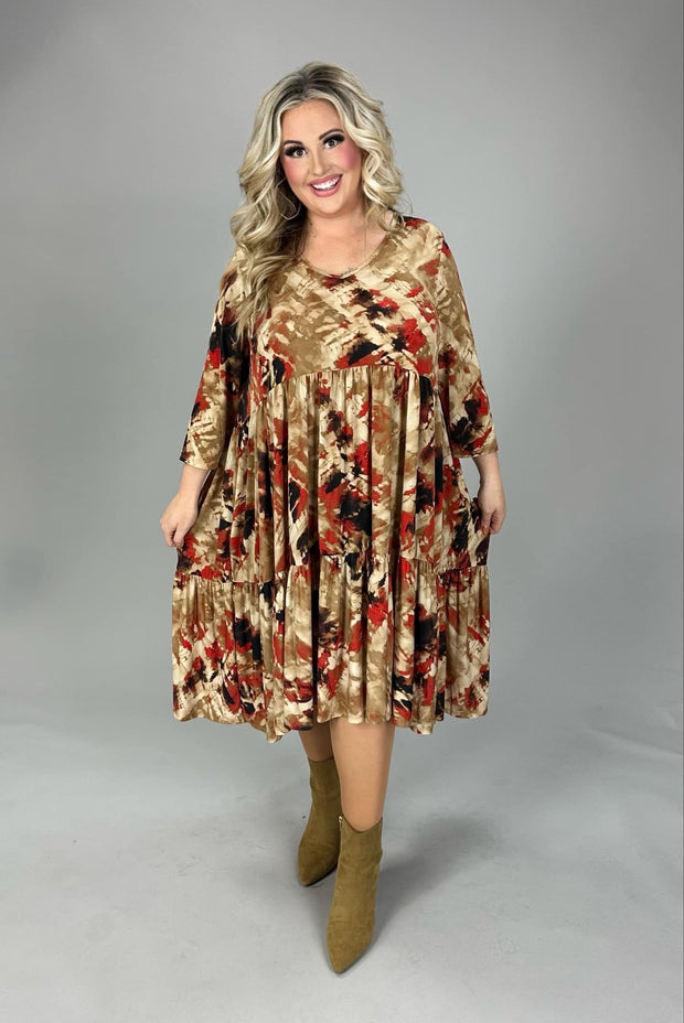 77 PQ {Set The Flourish} Mocha/Rust Print Tiered Dress EXTENDED PLUS SIZE 1X 2X 3X 4X 5X 6X