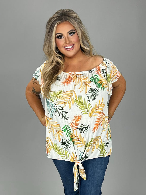 77 OS-J {Meet You Later} Ivory Leaf Print Top PLUS SIZE 1X 2X 3X