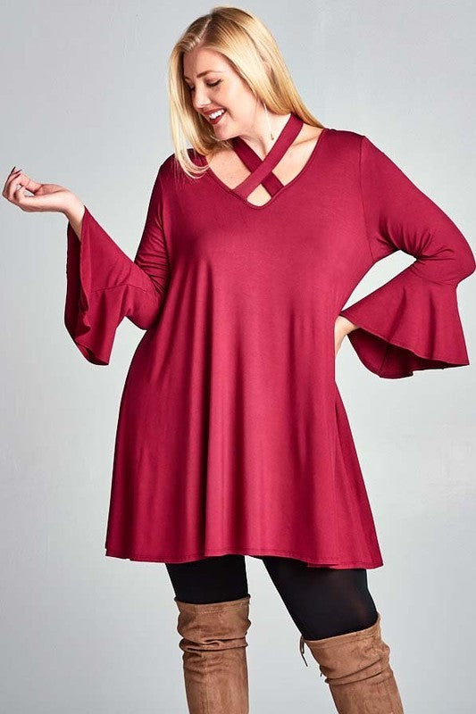 1-36 SQ {Dreaming Of Elegance} Burgundy V-Neck Top w/  Tie Cross Neck Detail PLUS SIZE XL 2X 3X