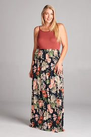 LD-T {Boho Vibes} Rust/Black Floral  (jacket sold separately) Long Dress PLUS SIZE 1X 2X 3X