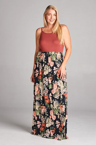 LD-T {Boho Vibes} Rust/Black Floral  (jacket sold separately) Long Dress PLUS SIZE 1X 2X 3X