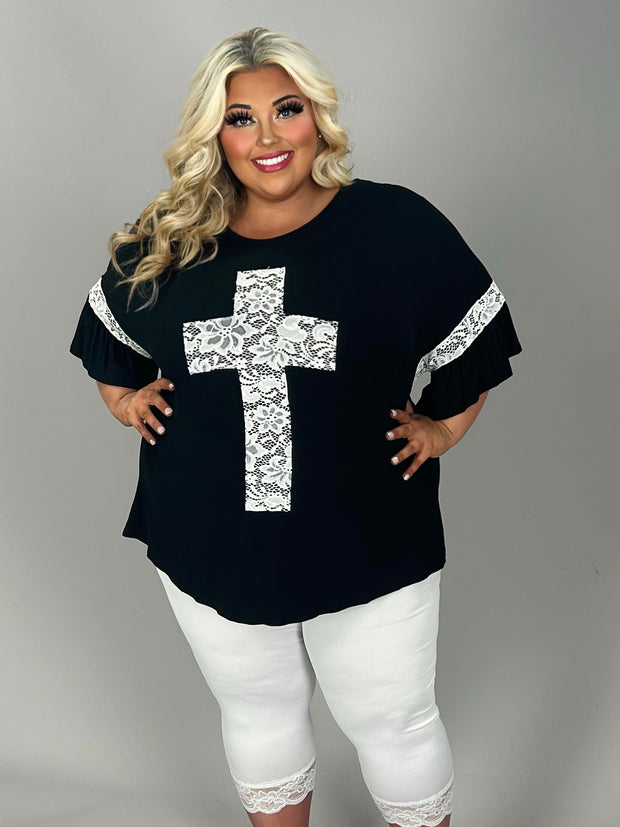 SALE!! 42 SD-Q {Mighty Cross} Black/Ivory Lace Cross & Sleeve Detail Top CURVY BRAND!!!  PLUS SIZE XL 2X 3X (May Size Down 1 Size)