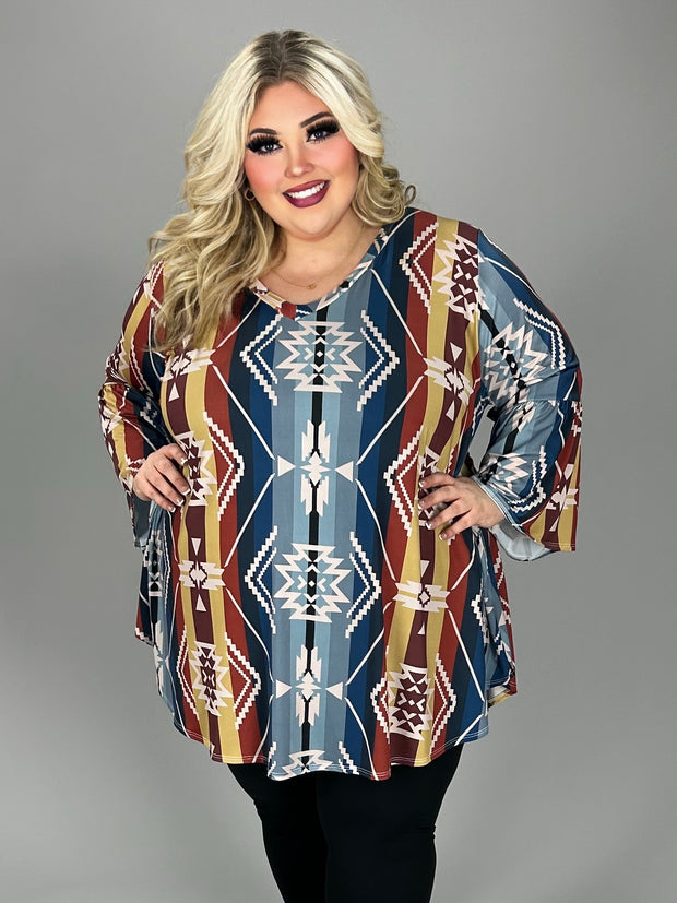 38 PQ  [Sunrise to Sunset} Blue Tan Aztec Print V-Neck Tunic  EXTENDED PLUS SIZE 3X 4X 5X