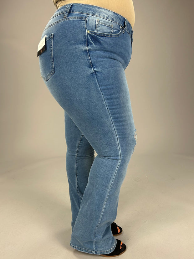 Plus Size High Rise Destructed Flare Jeans - Short Inseam