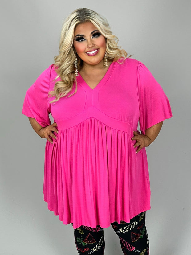 98 SSS {Catching Glances} Fuchsia V-Neck Babydoll Tunic CURVY BRAND!!!  EXTENDED PLUS SIZE XL 2X 3X 4X 5X 6X (May Size Down 1 Size)