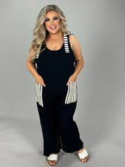 LD-O {Nothing Wrong About It} Black w/Stripe Print  Overall Romper PLUS SIZE 1X 2X 3X