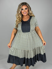 37 CP-F {Sweet Attraction} Taupe/Navy Print Tiered Dress PLUS SIZE 1X 2X 3X