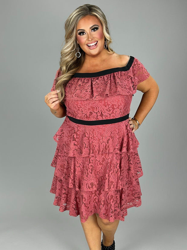SALE!! OS-A M-109 {City Chic} Dusty Red Tiered Lace Dress
