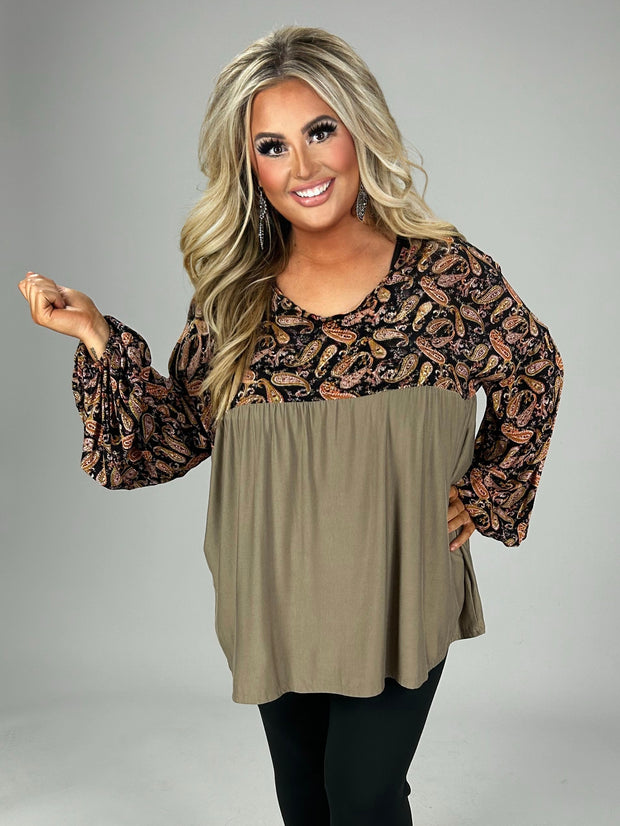 27 CP-J {Sweet Soul} Brown Paisley Babydoll Top PLUS SIZE 1X 2X 3X