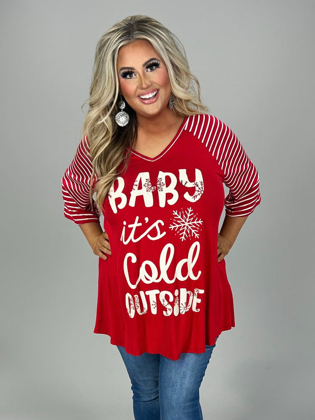 1-27 GT {Baby It's Cold Outside} Red Graphic Tee w/Red Stripe PLUS SIZE XL 2X 3X 4X 5X 6X