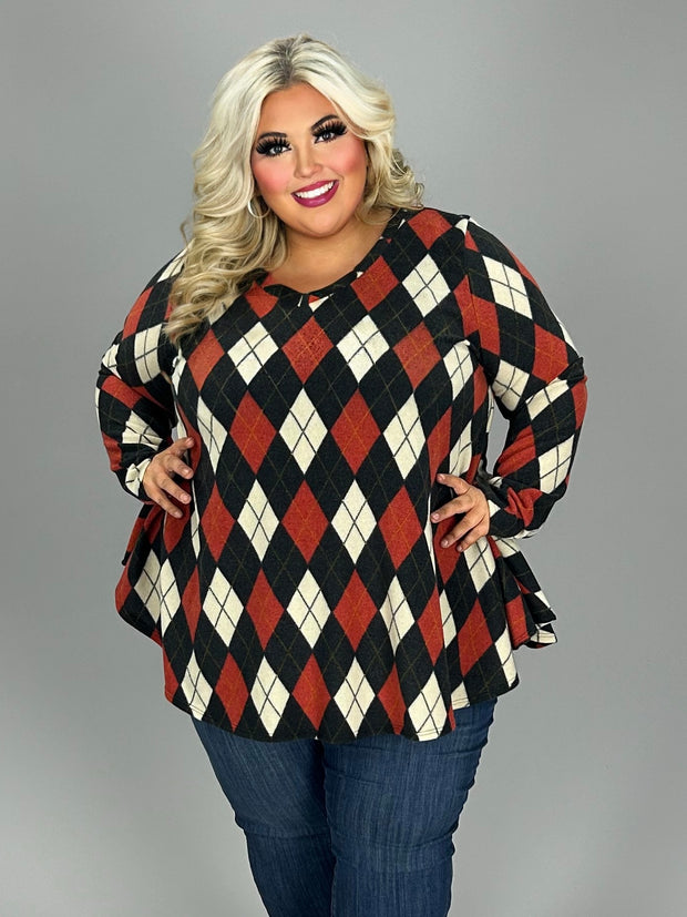 27 PLS {Focused Fashion} Red/Black Diamond Print Top EXTENDED PLUS SIZE 3X 4X 5X