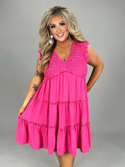 13 SV-R {Kindness Is Free} Hot Pink Smocked Tiered Lined Dress PLUS SIZE XL 1X 2X