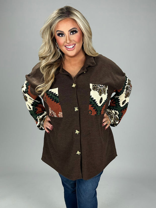 57 OT-W {Touch of Country} Brown/Print Contrast  Cardigan PLUS SIZE 1X 2X 3X