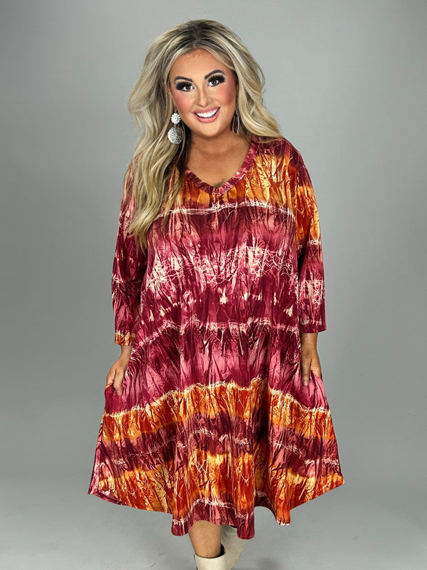 1-18 PQ {Lessons In Style} Wine/Rust Tie Dye Dress w/Pockets PLUS SIZE 1X 2X 3X