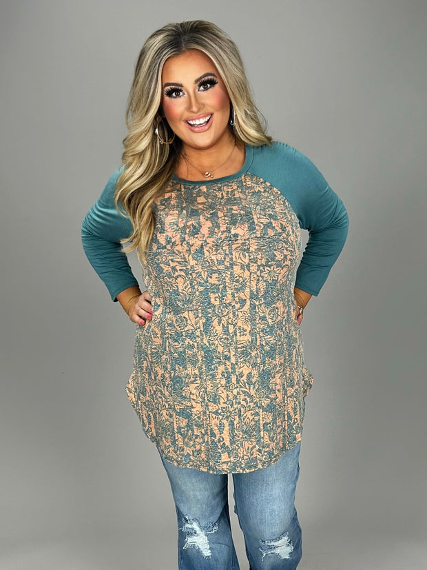 SALE!! 14 CP-E {Lead Me Back To You}Teal Print Raglan Sleeve Top PLUS SIZE 1X 2X 3X