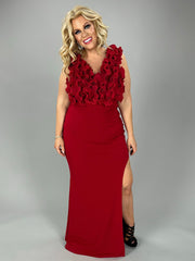 SALE!! LD-M {Height Of Fame} Red Ruffle Maxi Dress w/Slit PLUS SIZE XL 2X 3X