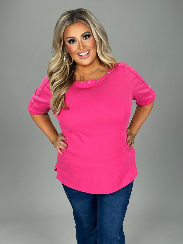 SSS M-109 {Karen Scott} Fuchsia Boatneck Top w/Silver Studs PLUS SIZE 0X