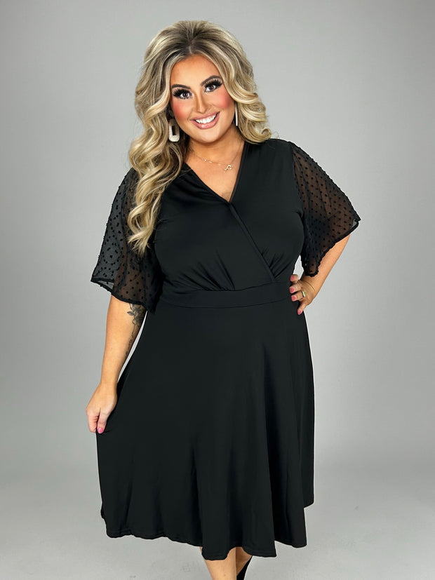 59 SD {Sculpted Style} Black V-Neck Dress w/Swiss Dot Sleeves CW EXTENDED PLUS SIZE 3X 4X 5X