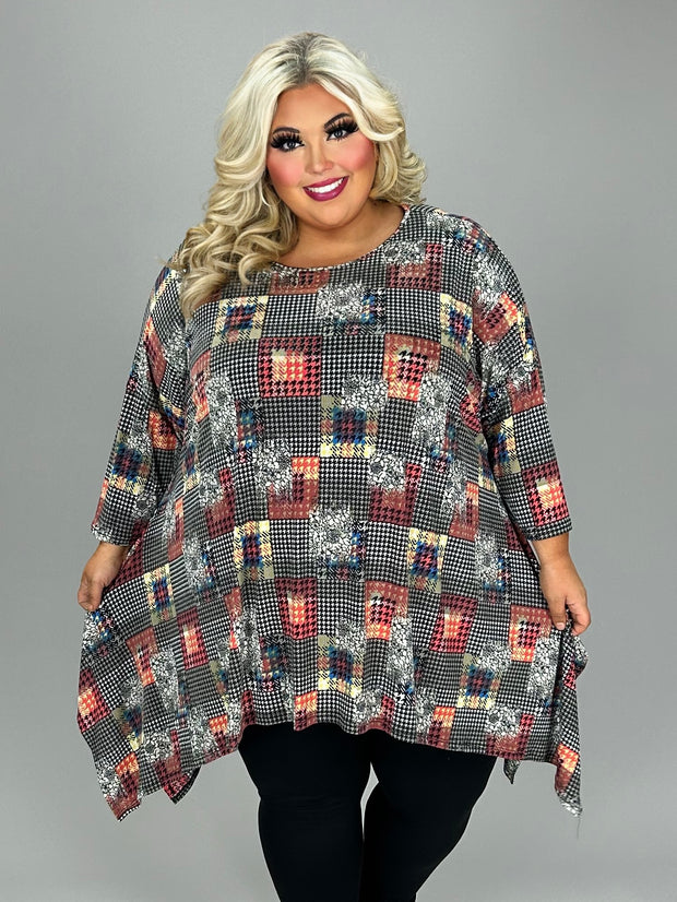 1-36 PQ {Modern Gal} Black Multi-Print Checkered Top EXTENDED PLUS SIZE 3X 4X 5X